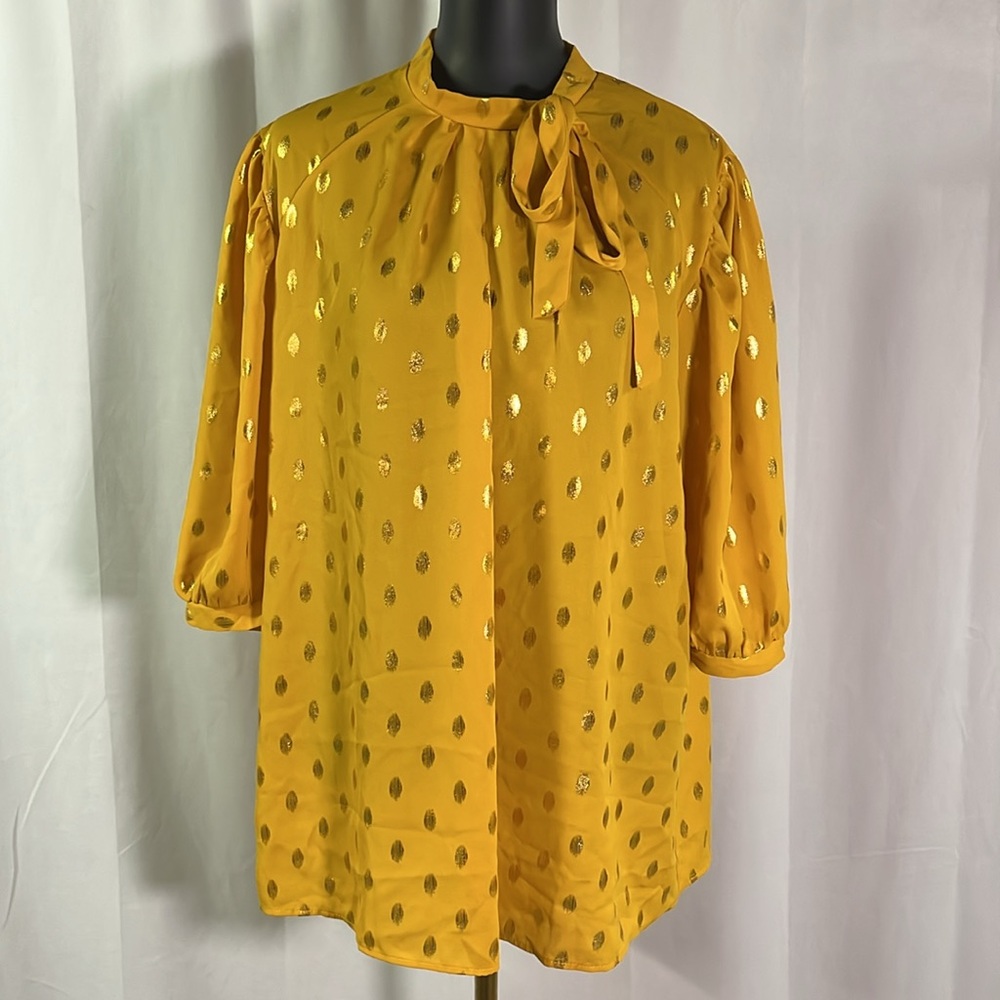 NWOT Shannon Ford New York Yellow & Metallic Gold Polka Dot Tie Neck Blouse